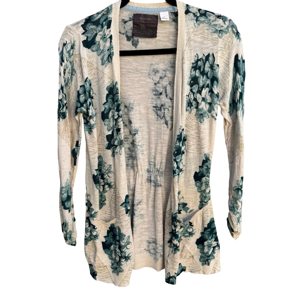 Guinevere Anthropologie Floral Open Front Cardigan Teal Gold Metallic Cottage S